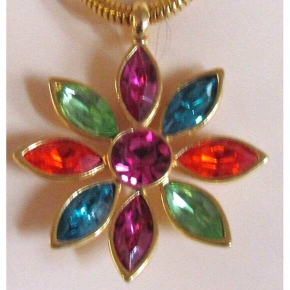 DESIGNER GRAZIANO MULTI COLOR RHINESTONE DAISY FLOWER GOLD CHAIN NECKLACE - Picture 6 of 12
